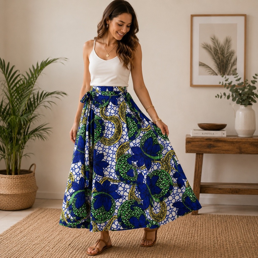 African Wax Print Maxi‎ Wrap Skirt Blue Green Floral Geometric Boho Festival